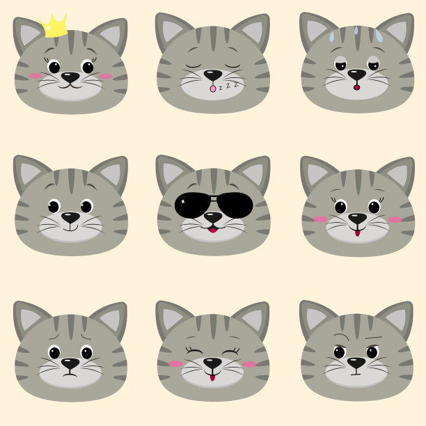 一套可爱的灰色猫脸与不同的情绪在卡通风格图片下载