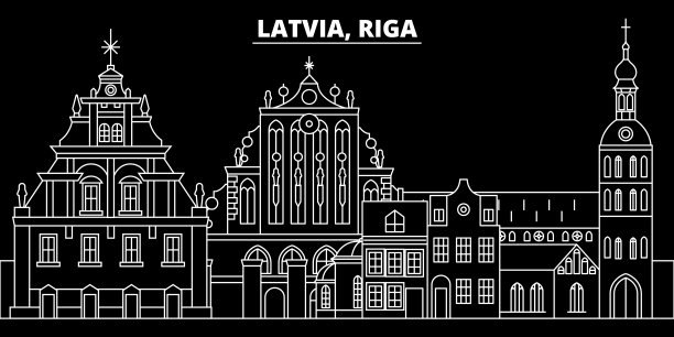 里加剪影轮廓。拉脱维亚-里加矢量城，拉脱维亚线性建筑，建筑。里加旅游插图，勾勒地标。拉脱维亚平图标，拉脱维亚行横幅图片下载