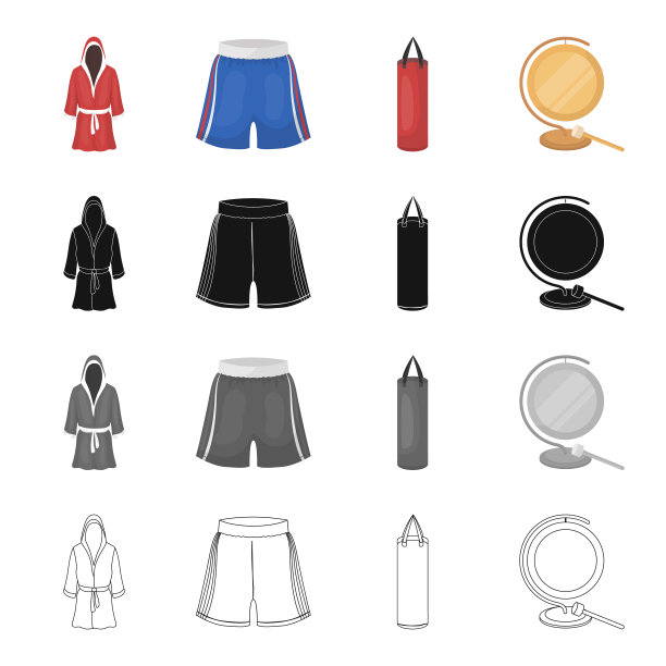 拳击长袍、短裤、训练沙袋和锣。卡通黑色单色轮廓风格矢量符号库存插图图片下载