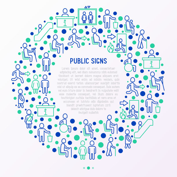 公共标志概念以圆形细线图标:信息站、消防或紧急出口、使用垃圾桶、孕妇座椅、残疾人座椅、老人座椅、怀孕妇女座椅。矢量插图。图片下载