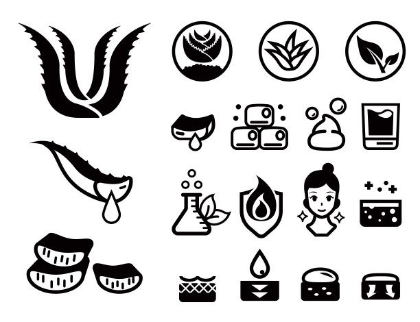 芦荟图标集的一般属性。草药产品的自然美容。图片下载