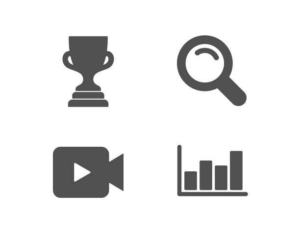 摄像机，搜索和奖励杯图标。报告图信号。电影或电影院，放大镜，奖杯。图片下载