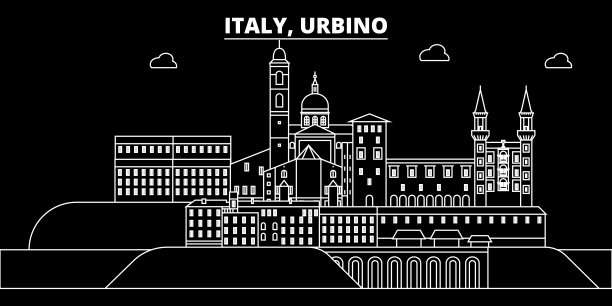 乌尔比诺的剪影轮廓。意大利-乌尔比诺向量城市，意大利线性建筑，建筑。乌尔比诺旅游插图，概述地标。意大利平面图标，意大利线横幅图片下载