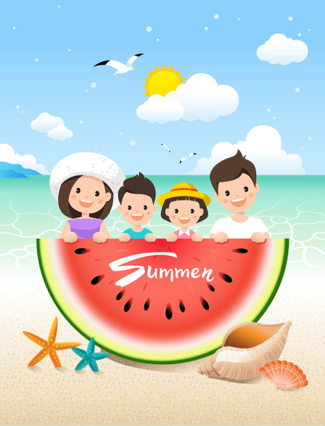 暑期度假，家人带着海边风景和西瓜图片下载