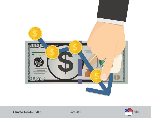 与100美元纸币和硬币的汇率图表。平面风格矢量插图。经营理念。图片下载
