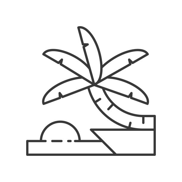 日落和海滩景色与棕榈树在悬崖上，视点细线图标图片下载