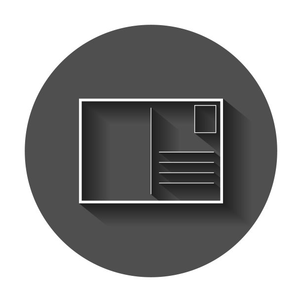 明信片信封图标。带有长阴影的矢量图。经营理念邮政明信片轮子象形图。图片下载