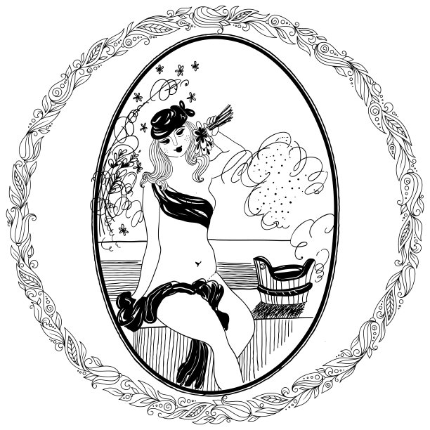 成人着色书的模式。浴室里的复古女孩。图片下载