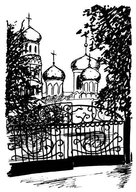 黑白教堂街道素描艺术矢量图片下载