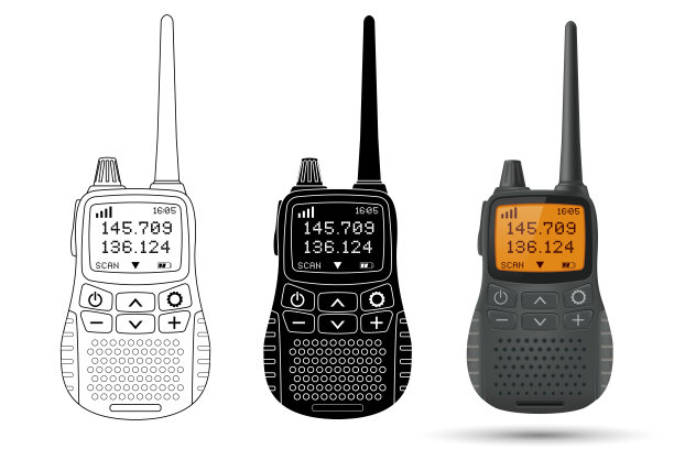 黄色屏幕和天线的无线电收发机。矢量3d插图，轮廓和黑色图标孤立在白色背景上图片下载