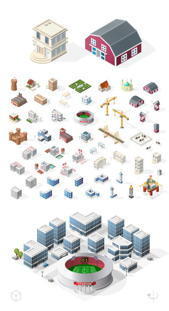 一套孤立的高质量的等距城市元素在白色背景图片下载
