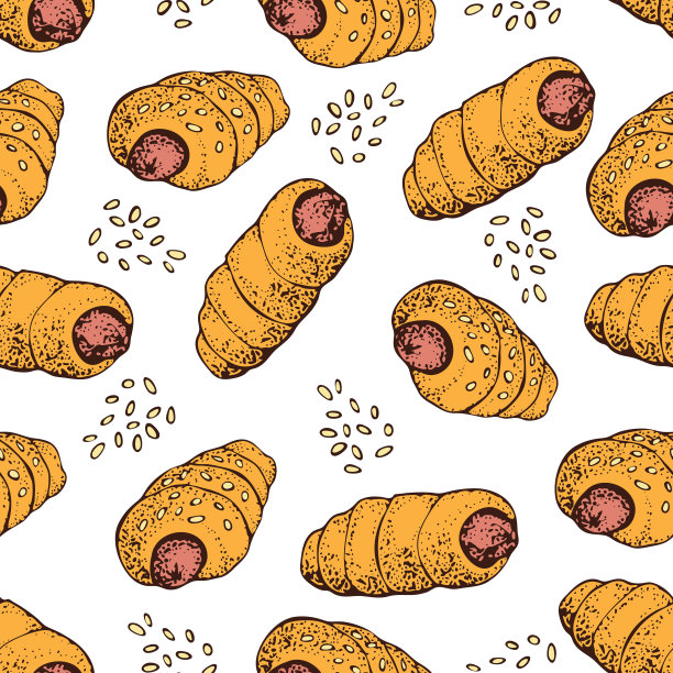 矢量无缝模式的热狗，香肠卷。快餐卡通插图。美国的食物。餐厅，菜单，街头食品，面包店，咖啡馆，传单图片下载