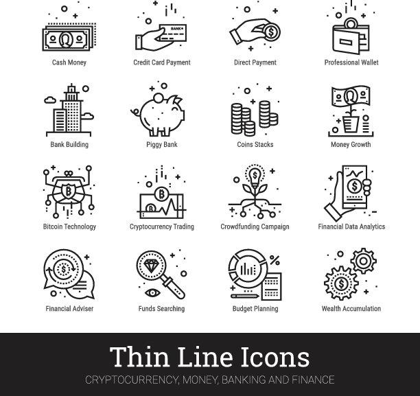 货币，加密货币，金融和银行线性矢量图标集合图片下载