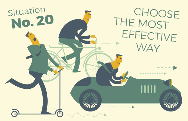 商业信息图，商业情况。男人乘坐不同的交通工具:滑板车、自行车、汽车。做出正确的选择，选择正确的速度。商业中有效解决方案的选择。图片下载