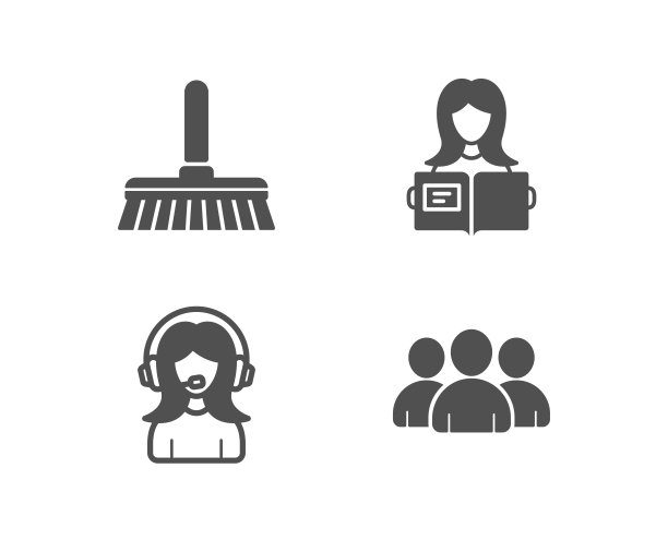 清洁拖把，女人阅读和支持图标。集团的迹象。扫地，学习女孩，呼叫中心。图片下载