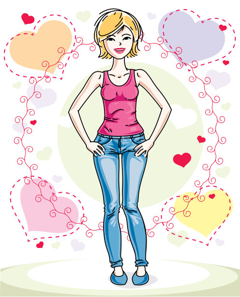 年轻美丽的金发女人在明亮的背景与爱心和穿着休闲衣服。矢量吸引女性插图。情人节主题卡通。图片下载