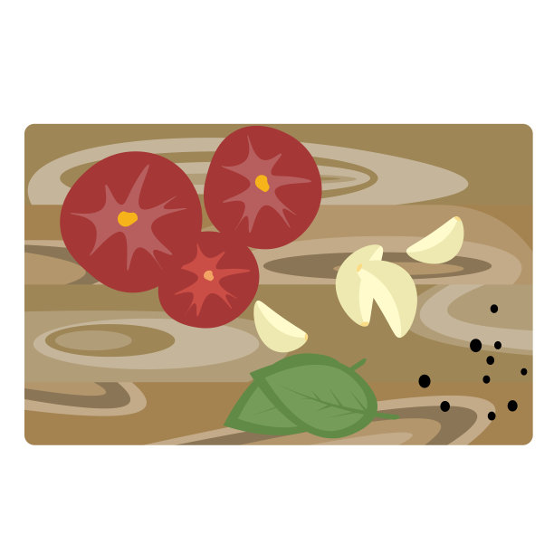 大蒜，西红柿和新鲜香料放在木板上。图片下载