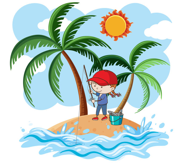 一个小女孩在岛上钓鱼图片下载