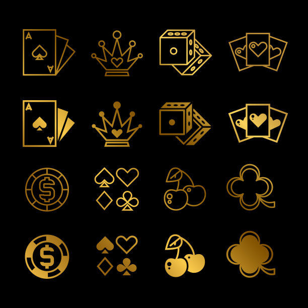 黄金赌场，赌博，扑克线和轮廓向量图标图片下载