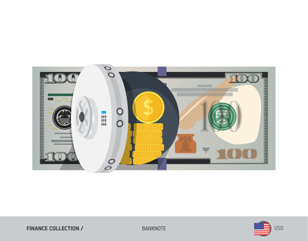 银行保险箱100美元钞票。平面风格矢量插图。安全的货币的概念。图片下载