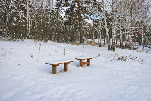 冬季公园里的两张被雪覆盖的长椅。冬季孤独的概念。图片下载