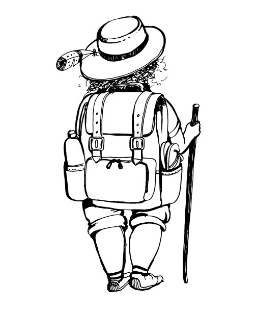 矢量插图着色书。插图着色书。一个胖乎乎的人戴着帽子，背着背包，拄着拐杖去散步。后视图图片下载