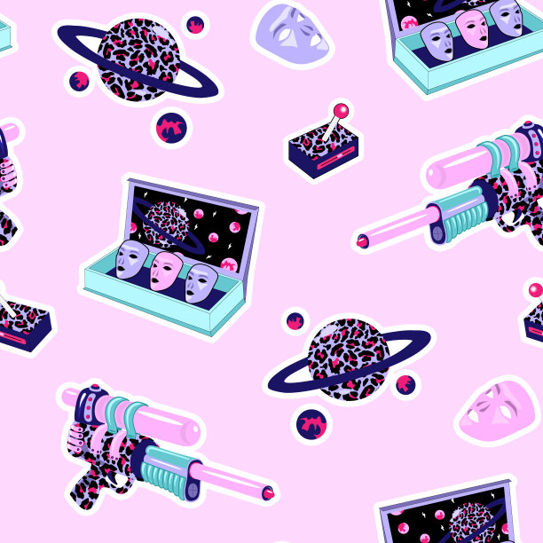宇宙无缝图案与彩色补丁-激光枪，外星人面具，行星等隔离在粉红色的背景。图片下载