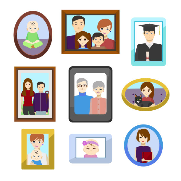 卡通家庭照片的颜色框架设置。向量素材图片
