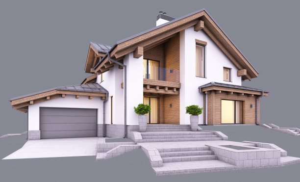 现代住宅的3d渲染在晚上孤立在灰色图片下载