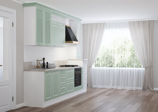 私人住宅厨房的内部。浅绿色经典厨房风格。3 d渲染。图片下载