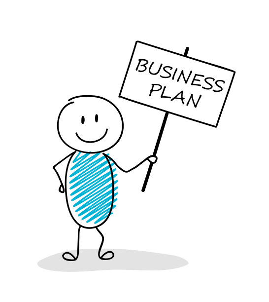 有趣的商业插图-卡通stickman举着横幅标语:商业计划。向量。图片下载