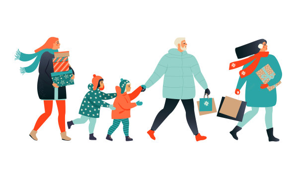 圣诞贺卡，人们走着，拿着礼物盒。圣诞冬季海报收藏。图片下载