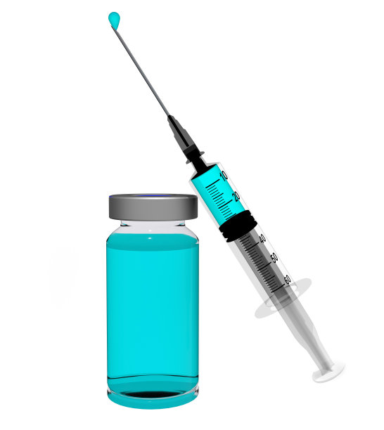 注射器注射瓶蓝色液体针头和滴在顶部3d渲染图片下载