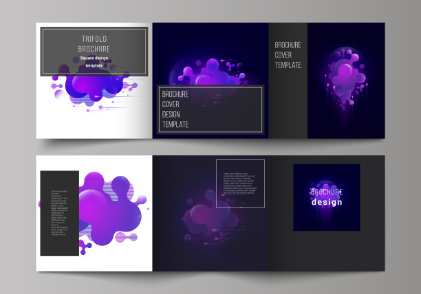 黑色的最小矢量布局。现代创意封面设计模板三倍方形小册子或传单。黑色背景与流体梯度，液体蓝色几何元素。图片下载