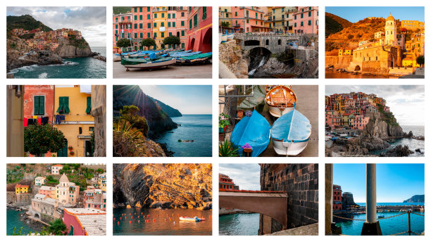 意大利五店的拼贴照片。美丽的海边和渔城的房屋和船只，一个受欢迎的海滩度假旅游目的地和监测未经破坏的自然。图片下载