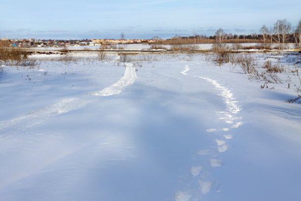 雪地上有男人的痕迹向远处走去。图片下载