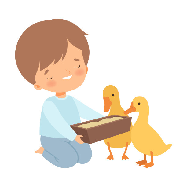 可爱的小男孩喂鸭子，可爱的孩子照顾动物在农场卡通矢量插图图片下载