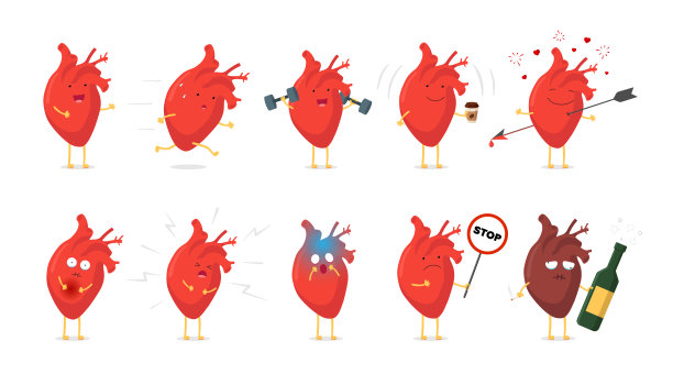 伤心生病不健康的哭，健康坚强快乐微笑可爱的心，性格定格。医用人体循环器官滑稽卡通收藏。矢量图图片下载