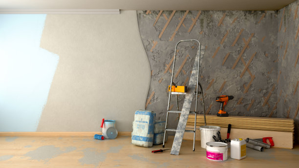 公寓修复概念修复工具和材料站在一个废弃的房间3d渲染图像图片下载
