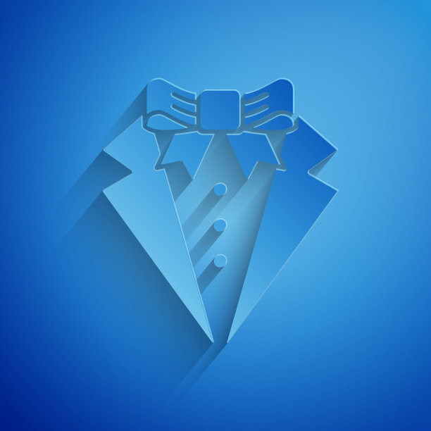 剪纸套装图标孤立在蓝色背景。燕尾服。结婚礼服配领带。纸艺术风格。矢量图图片下载