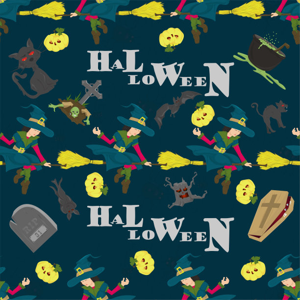 万圣节无缝图案，儿童插画风格，用于设计装饰的节日活动图片下载