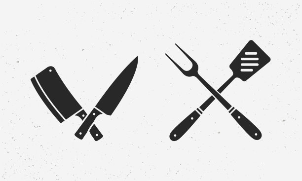 屠夫刀，烧烤叉和抹刀。肉刀，切肉刀，厨师叉，烧烤叉。屠夫刀。一套餐厅图标。矢量图图片下载