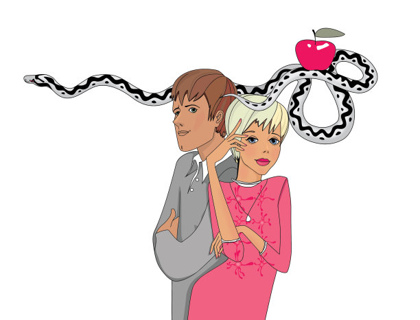 金发女郎，她心爱的男人和带着知识苹果的蛇妖。幽默的例子。图片下载