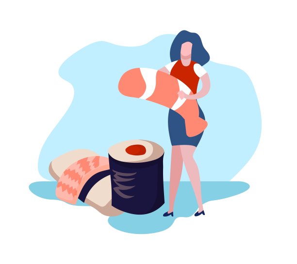 年轻的女人拿着巨大的虾，寿司，卷图片下载