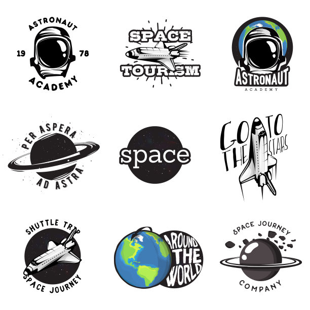 宇宙主题徽章，空间，标签，标志，设计元素:航天飞机，宇航员，恒星，地球，行星图片下载