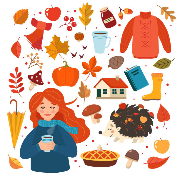秋天手绘元素集合与女孩的性格。可爱的矢量插图在平面风格图片下载