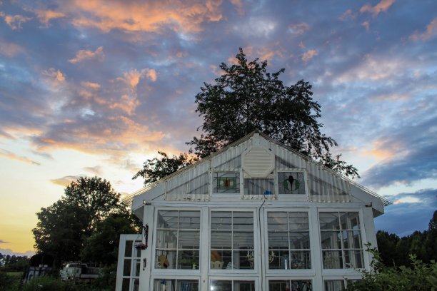 花园温室上美丽的日落天空图片下载