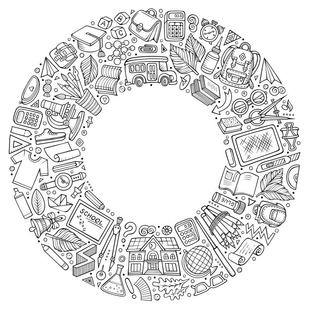 一套学校卡通涂鸦对象，符号和项目图片下载