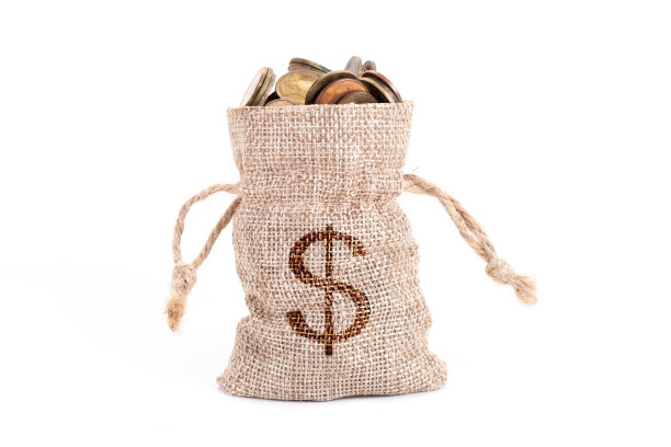 白色背景上的钱袋和硬币。时间投资，时间值钱，计划生育，存钱，理财和投资理念。图片下载