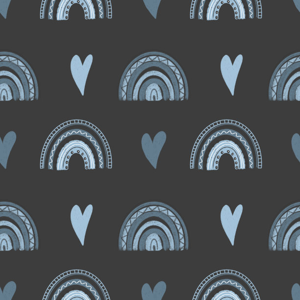 无缝图案手绘心和波西米亚彩虹在柔和的蓝色在黑暗的背景图片下载